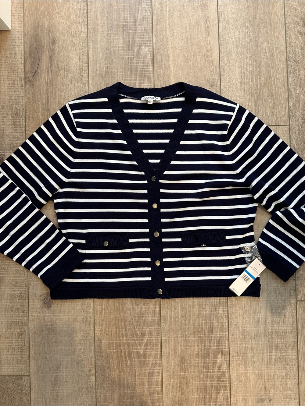 Nannette Navy and White Striped V-Neck Button Cardigan